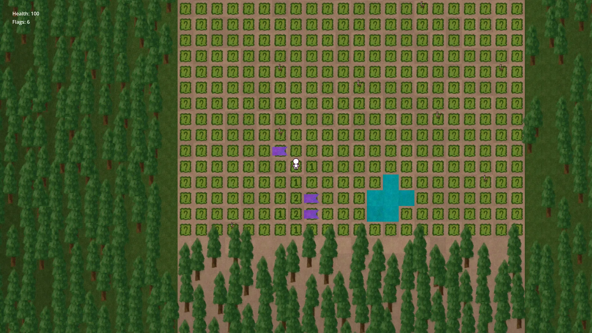 A Bombseeker level: a grid of covered tiles cut into a pine forest, a few revealing bomb counts, with the player standing among them.